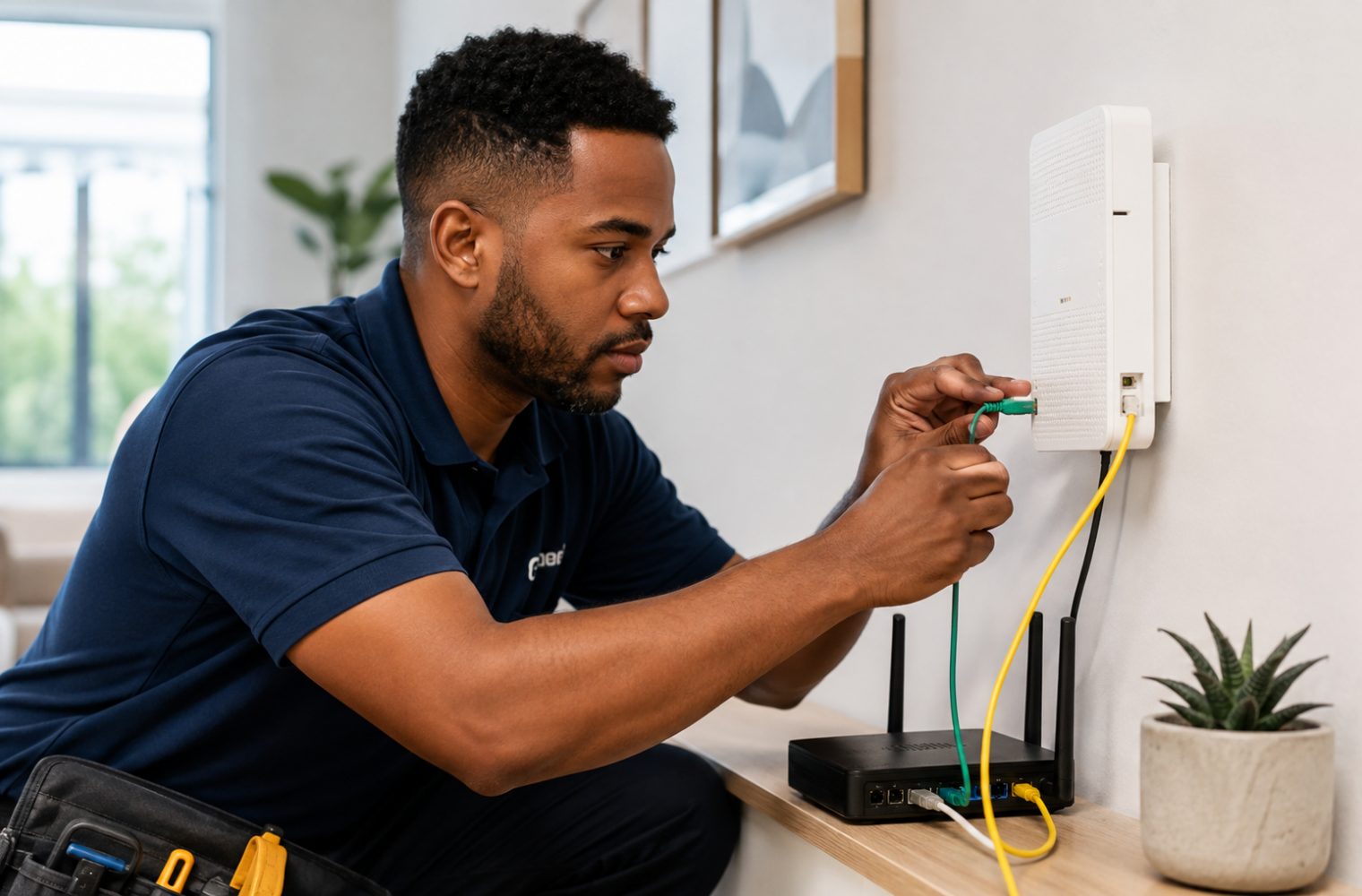 Technicien Mondial Télécom raccordant un modem fibre à domicile