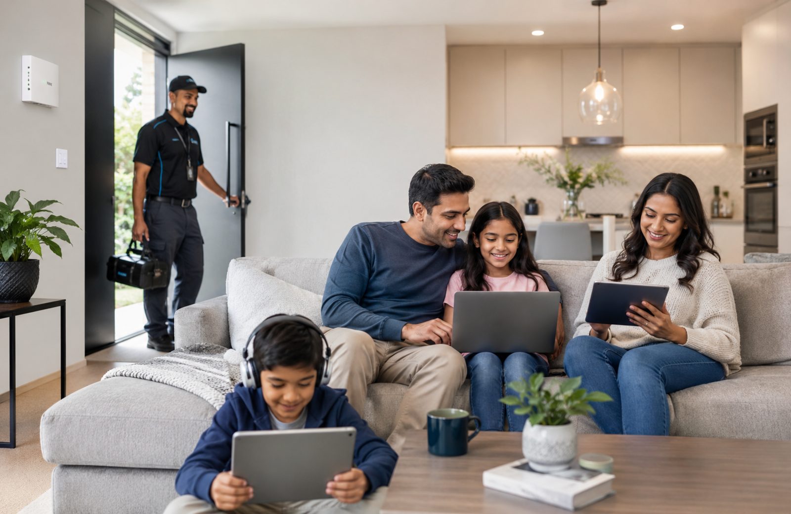 Famille connectée à la maison pendant l'installation de la fibre optique