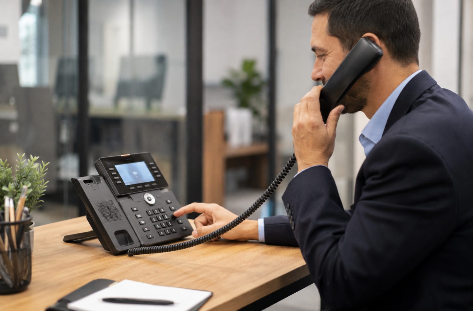 Dirigeant utilisant un téléphone IP relié au standard de son entreprise